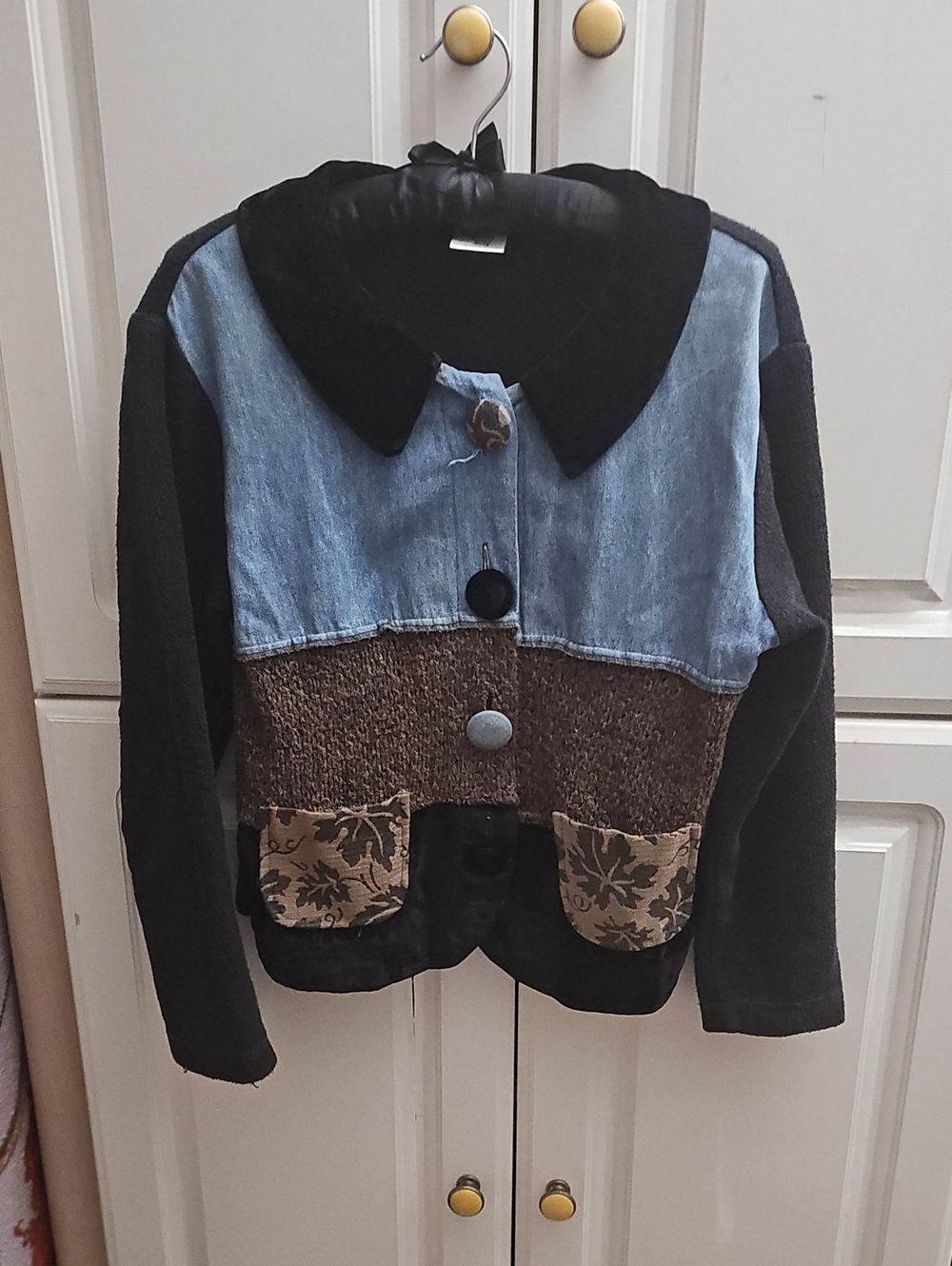 ⚜️Fun Mixed-Media Black Denim Patchwork Jacket